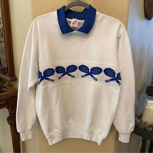 Vintage JERZEES White and Blue Tennis Print Collar Sweatshirt Size Large-Unisex - Picture 1 of 7