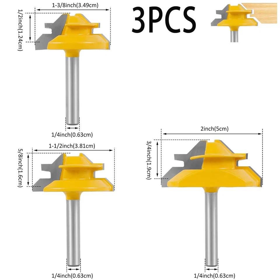 45 Degree Lock Miter Router Bit Set 1/4" Shank 1/2" 5/8" 3/4" Cutting Height - Image 1 of 4