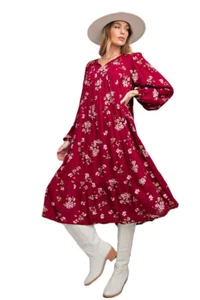 Easel Womens Dress Ruffle Tiers Soft and Flowy Tie Neck Long Bubble Sleeves-S - Picture 1 of 3