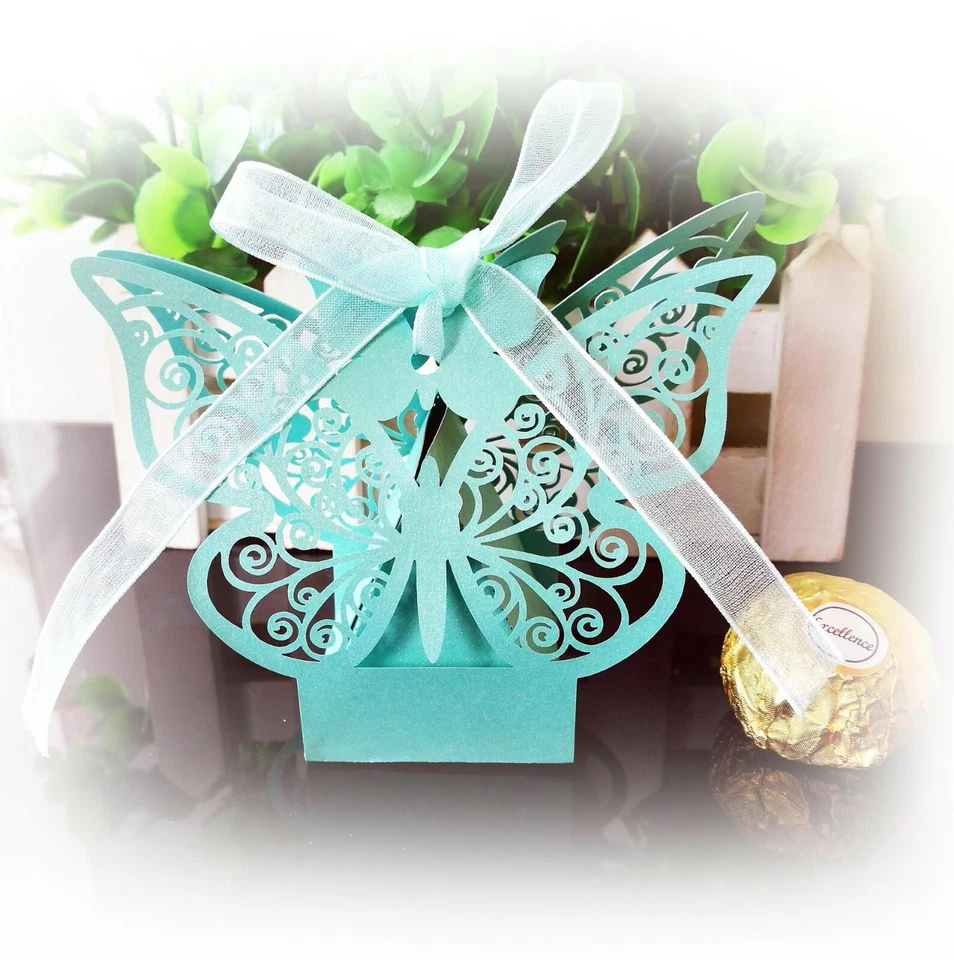 100piece Laser Cut Butterfly Candy Boxes Wedding Favor Chocolate Box with Ribbon - Image 1 of 3