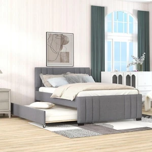 Full Size Bed Frame Upholstered Platform Bed with Trundle & Headboard Gray - Picture 1 of 15