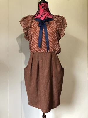 Louche 14 Dress Shift Short Sleeves Exposed Zip Contrast Tweed Skirt Pockets EUC - image 1 of 4