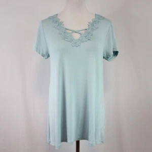 Retrology T Shirt Women's Small Short Sleeve Crochet Lace Criss Cross Neckline - Picture 1 of 8