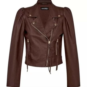 Retrofete Lo Jacket Coated Brown Vegan Leather Moto Jacket Fringe Zip Details Sm - Bild 1 von 11