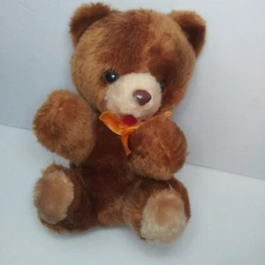 Teddy Bear Plush Stuffed Brown Tan Yellow Bow Made In Korea - Picture 1 of 5