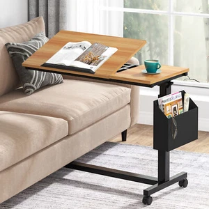 C-Shaped Bed Sofa End Table with Wheels and Side Pocket Tiltable Drawing Board - Picture 1 of 16