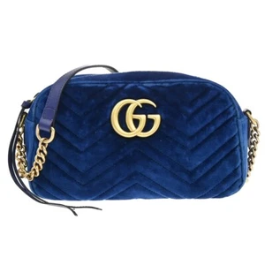 GUCCI GG Marmont Quilting Chain Shoulder Bag Velvet Leather Blue GHW 20RF356 - Picture 1 of 17