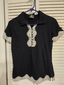 Vintage 90s LIP SERVICE Black Polo Shirt White Lace Bows Buttons L (fits like M) - Picture 1 of 11