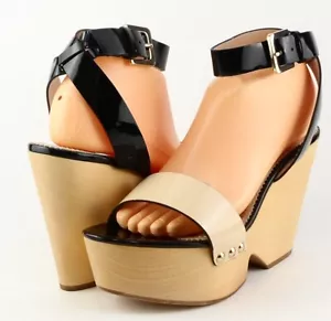 $320 JEAN MICHEL CAZABAT BESS Black Nude Designer Wooden Wedge Sandals 9 EUR 40 - Picture 1 of 4