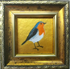 Vogel Ölgemälde Original gerahmt Miniatur Kunstwerk 2x2 in Rotkehlchen kleine Kunst - Bild 1 von 10