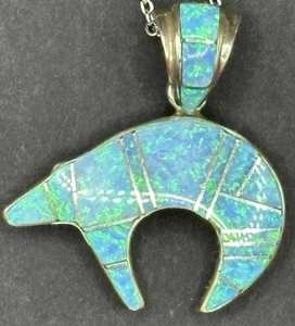 Touch of Santa Fe Lab Opal Inlay Running Bear Sterling Silver 925 Necklace 18" - Picture 1 of 13