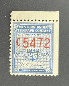 Telegraphenmarke #16T107 einzeln - 1942 Western Union Telegraph Co. - 25 Cent postfrisch - Bild 1 von 2