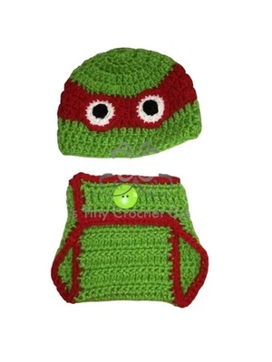 Crocheted Baby Turtle Hero Outfit Photo Prop Halloween Costume Baby Shower Gift - Image 1 of 4