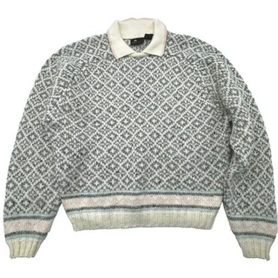 Suéter LIZ SPORT Mujer Mediano Vintage Cuello Lana Gris Crema Patrón Diamante Foto 1 de 4