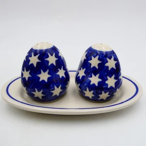 Boleslawiec Polish Pottery Blue Stars Salt & Pepper Shakers with Tray Patriotic - Picture 1 of 10