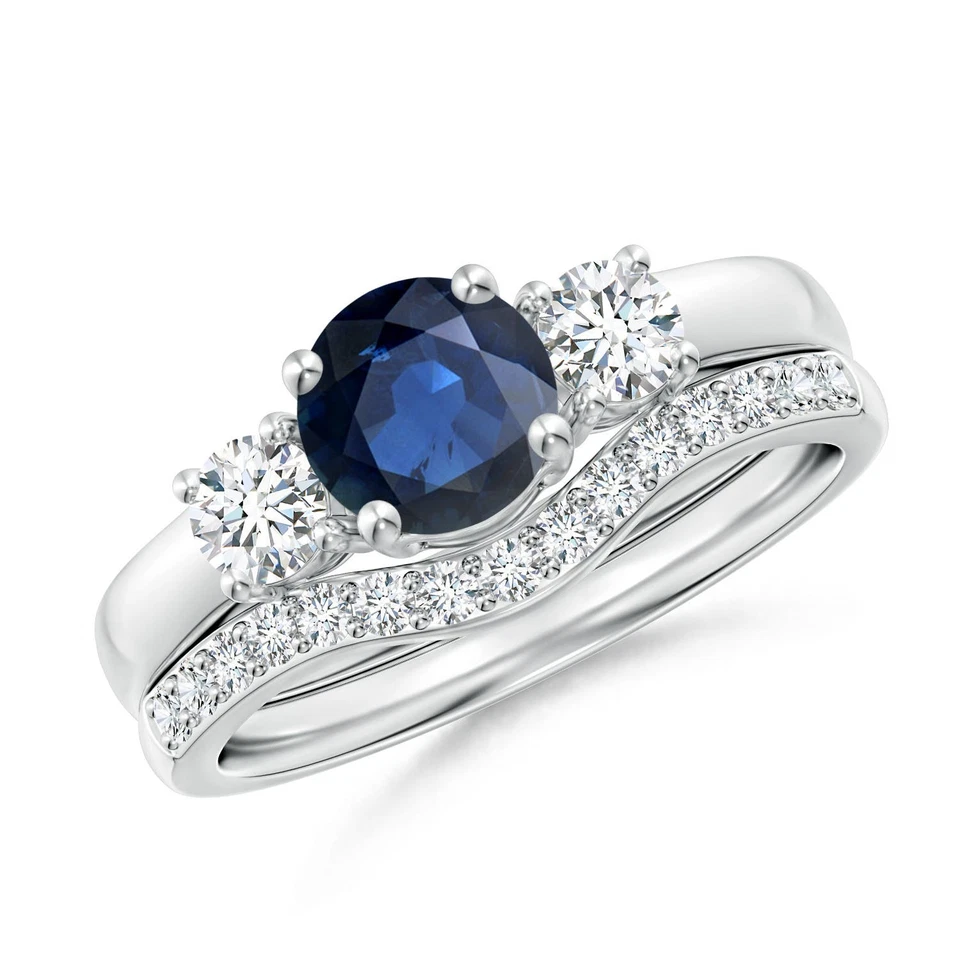 ANGARA 1.53 Ctw Sapphire and Diamond Three Stone Bridal Set in 14K Solid Gold - Image 1 of 1