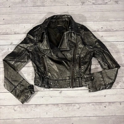 Jou Jou Moto Biker Jacket Metallic Silver Black Faux Leather Cropped Small - Image 1 of 4