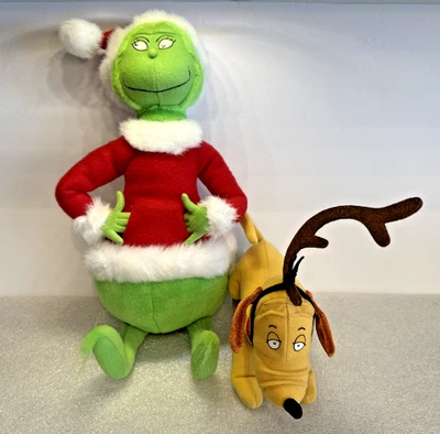 The Grinch In Santa Suit and Max The Dog Plush Set By Dr Seuss Hallmark 1998 VTG - Image 1 of 4
