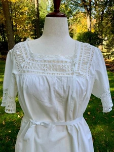 Edwardian Antique Nightgown 1900s White Cotton Lace Dress | Vintage Lingerie. L - Picture 1 of 14