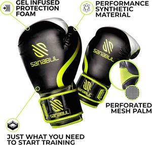 Professional Kickboxing Gloves 8 oz - Unisex Training & Sparring in Black/Green - Picture 1 of 11