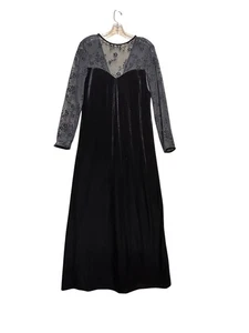 Vtg Y2K Black Velvet Maxi Dress Mesh Bodice Sleeve Whimsigoth Y2K Vampire Floral - Picture 1 of 20