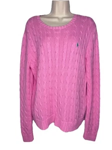 Ralph Lauren Bubble Gum Pink Crew Neck Cable Knit 100% Cotton Logo Sweater Sz XL - Picture 1 of 8