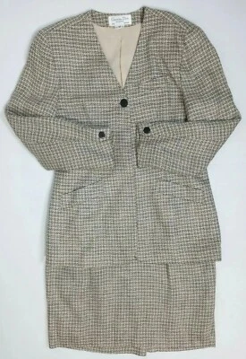 Blazer Traje Falda Tweed Lana Christian Dior De Colección Talla 12 Beige Negro A Cuadros Foto 1 de 4