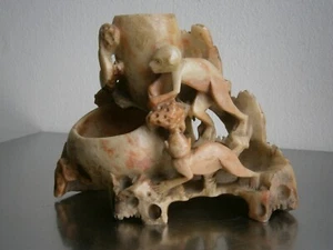 SCULPTURE PIERRE DURE ART ASIE DECOR SINGES OISEAU FRUITS CHINE STATUE DECO - Bild 1 von 10