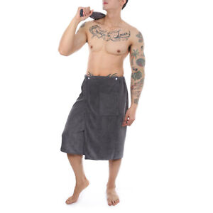 Men Sexy Bath Skirt Adjustable Wrap Front Pocket Towel Bathrobe Shower Beach Spa