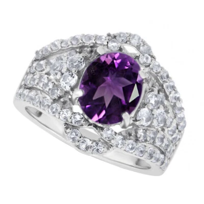 Oval Cut Simulated Amethyst Wedding Ring 14K White Gold Plated Sterling Silver - Image 1 of 2