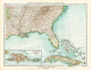 Antique Map-SOUTH EAST AMERICA-USA-UNITED STATES-FLORIDA-CUBA-HAITI-Andree-1904 - Picture 1 of 1