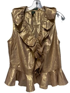 Lauren Ralf Lauren ärmellose Bluse Seide Rüschen Größe 10 goldmetallic - Bild 1 von 14