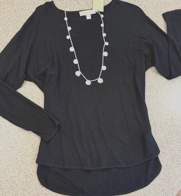 MICHAEL KORS Novo! Blusa de malha preta manga longa gola barco mistura de algodão US$ 90 nova com etiquetas tamanho M - Imagem 1 de 4