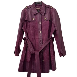 Iman Women's Purple Leather Long Sleeve Belted Button Front Trench Coat 2X Edgy - Picture 1 of 4