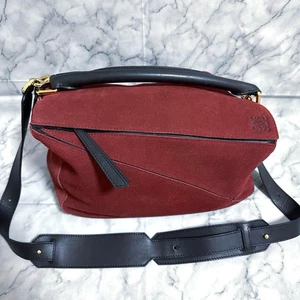 LOEWE Puzzle Shoulder Hand Bag Medium Suede Red Black Gold From Japan Authentic - Picture 1 of 16
