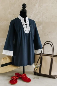 Brooks Brothers Cotton Tunic - Medium Navy & White Colorblock Preppy Resortwear - Picture 1 of 10