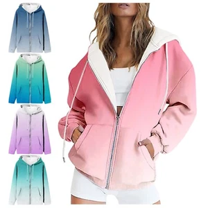 Plus Size Women Zip Up Hoodies Gradient Oversized Long Sleeve Sweatshirt Jackets - Picture 1 of 27