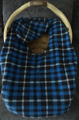 Infant Car Seat Carrier Cover New Handmade Fleece Blue Plaid - Image 1 of 2