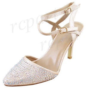 Nuevos zapatos de mujer diamantes de imitación hebilla cierre tacón alto boda champán - Imagen 1 de 7
