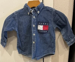 Vtg 90s Y2K Tommy Hilfiger Big Flag Button Denim Shirt Baby Size 18-24 Months - Picture 1 of 4