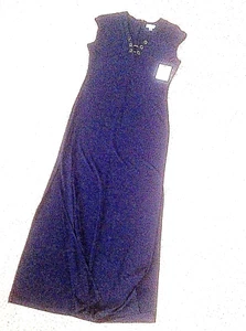 NWT SIZE 6 MAXI DRESS  CALVIN KLEINRET$99.00 NAVY SHEATH  V-NECK, POLY CAP SLV - Picture 1 of 7