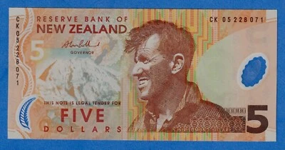 New Zealand $5 2005 P-185b Polymer Extra Fine- Sir Edmund / Yellow-eyed Penguin - Image 1 of 3