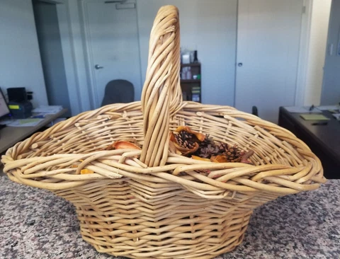 1990's WOVEN WICKER BASKET ONE HANDLE, 21" x 15" WITH HANDLE, INCUDES PINE CONES Cover