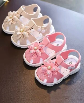 Pretty Fashion Pink Beige Flower Baby Toddler Girls Dress Sandals Non Slip Shoes - Image 1 of 4