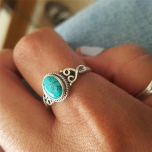 New Silver Tone Women Ladies Vintage Boho Bohemian Turquoise Ring Jewelry Gift - Picture 1 of 12