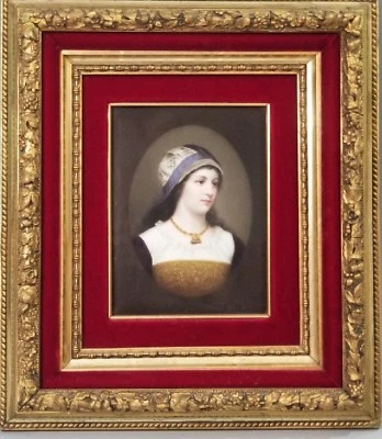 Moldura dourada antiga fina de porcelana francesa miniatura retrato de senhora pintura - Imagem 1 de 4
