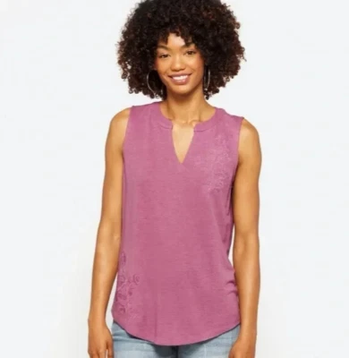 Market & Spruce Size 1X Elisabeth Embroidered Linen Blend Knit Top Pink Mauve - Image 1 of 4