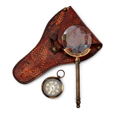 Lupe und Kompass aus Messing antik Lederetui 14x3,5cm Richtungsanzeiger Leselupe - Bild 1 von 2