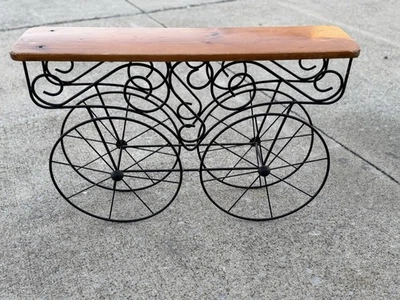 Wrought Iron & Wood Wagon Wheel Plant Stand  Indoor Outdoor Rustic Garden Decor - Image 1 of 4