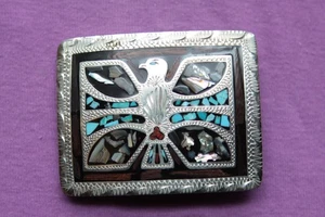 Vintage handgefertigte gravierte Adler Türkis Koralle Abalone Inlay Western Gürtelschnalle - Bild 1 von 4